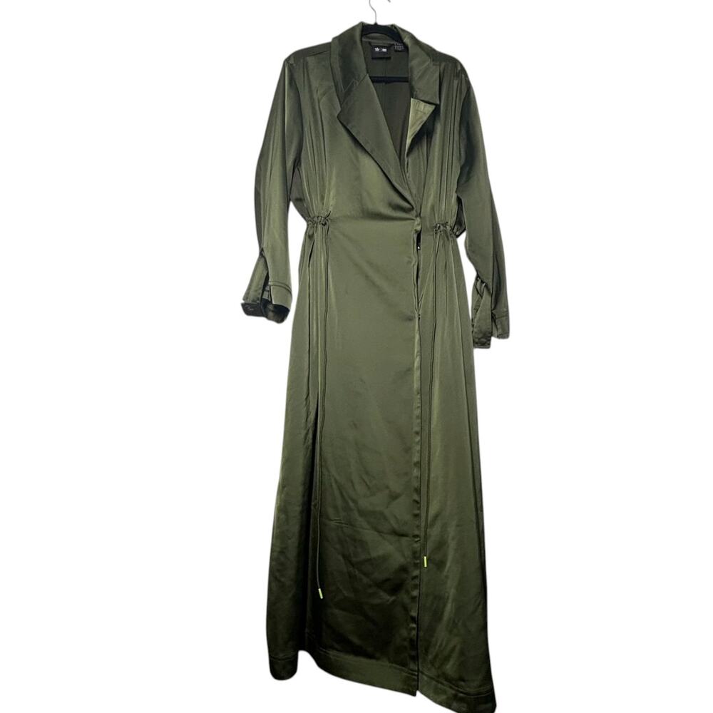 adidas Ivy Park Halls of Ivy L Long Satin Jacket Olive Duster Dress Trench - Picture 3 of 8